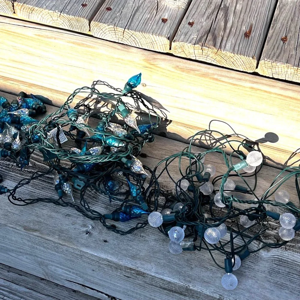 Blue White String Lights Cone Globe LED 2 Sets Christmas Deck Camping Indoor Out